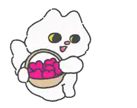 a cartoon cat is holding a basket of pink hearts