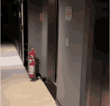 a fire extinguisher sits in a hallway next to an elevator