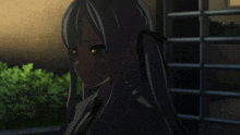 a girl with long gray hair and a black tie looks out a window