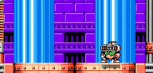 a video game with a purple wall and a robot standing in front of it