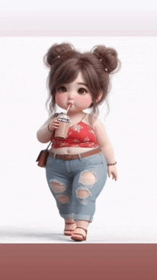a little girl is drinking a drink through a straw while wearing jeans and a red top .