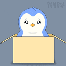 a penguin is sitting in a cardboard box with the word pengu written on the bottom