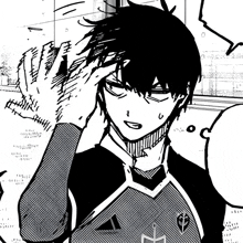 a black and white drawing of a boy with a triangle on his shirt