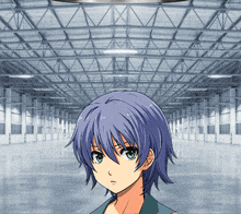 a girl with blue hair and green eyes is standing in an empty building