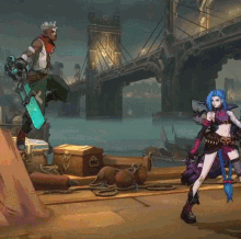 a man and a woman are playing a video game with a bridge in the background .