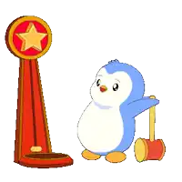 a cartoon of a penguin holding a banner with a star on it