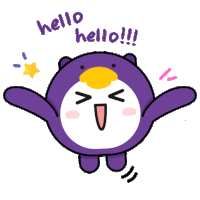 a purple penguin with its arms outstretched says hello
