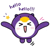 a purple penguin with its arms outstretched says hello