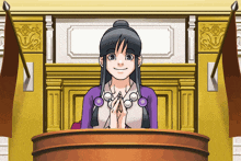 a cartoon illustration of a woman sitting at a podium with her hands folded