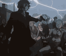 a group of people are gathered in a dark room with a lightning strike in the background