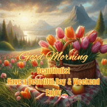 a painting of a field of tulips with the words good morning beautifulst have a beautiful day and weekend enjoy