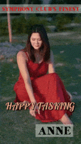 a woman in a red dress is sitting on the grass with the words symphony club 's finest happy tasking above her