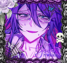 a picture of a girl with purple hair and glasses with the words good morning on the bottom