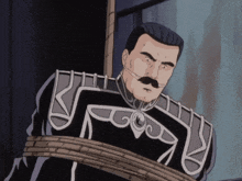 a man with a mustache is tied up and has a rope around his neck