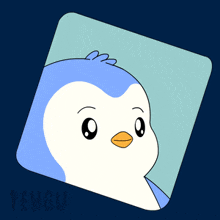 a blue and white penguin with an orange beak on a dark blue background