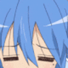 a close up of a cartoon character with blue hair making a funny face with her mouth open .