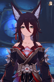 a girl with a fox 's ears is wearing a black and red dress
