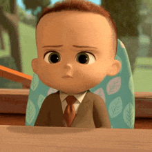 a baby in a suit and tie is sitting in a high chair looking at the camera .