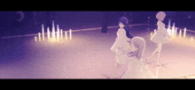 three anime girls in white dresses are dancing in a room
