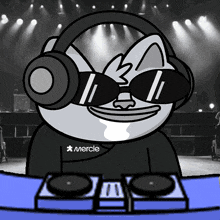 a cartoon of a duck wearing headphones and sunglasses with the word mercie on the sleeve