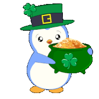 a penguin wearing a leprechaun hat holds a pot of gold