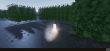 a computer generated image of a forest with trees and a light in the middle of it