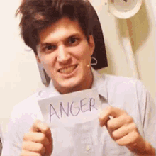 a man is holding a sign that says anger in his hands