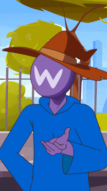 a cartoon character wearing a hat with a letter w on it