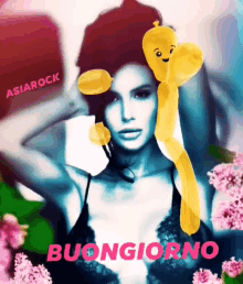 a woman with a yellow teddy bear on her head and the words buongiorno written in pink