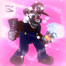 a cartoon of mario holding a bouquet of flowers and a heart