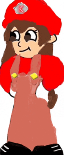 a cartoon girl wearing overalls and a red hat with a letter k on it