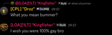 a screenshot of a conversation between ron and loa shows that loa is 100 % gay
