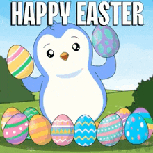 a penguin is holding an easter egg in front of a bunch of colorful easter eggs .