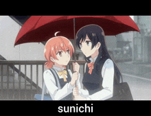 a picture of two girls under an umbrella with the word sunichi on the bottom