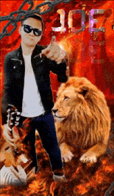 a man with sunglasses standing next to a lion with the number 10e on the bottom