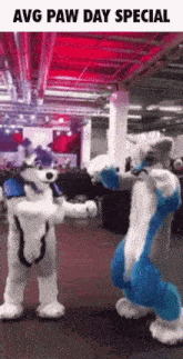 two furry costumes dancing in a room with the words avg paw day special on the bottom
