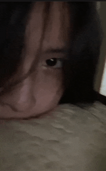 a close up of a woman laying on a bed with her head on a pillow .