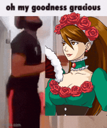 a man standing next to a woman with roses on her head