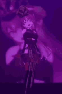 a purple anime girl with a crown on her head is sitting on a stage .