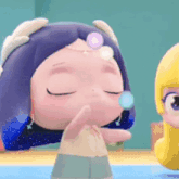 a cartoon girl with purple hair is blowing bubbles next to another girl .