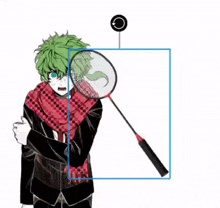 a boy with green hair is holding a badminton racket next to a picture of a badminton racket .
