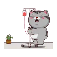 a cartoon cat is standing next to an iv pole with a bag of blood hanging from it