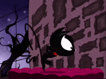 a cartoon drawing of a black cat on a purple ottoman