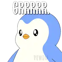 a blue and white penguin with the word grrrr written above it