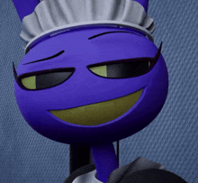 a purple cartoon character wearing a maid 's hat and smiling
