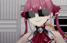 a girl with pink hair wearing sunglasses and a bow