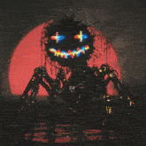 a robot with a pumpkin face and a cross on its face