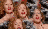 a woman with red lips is surrounded by a christmas tree