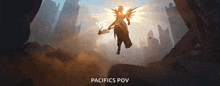 a woman with wings is flying through the air with a sword .