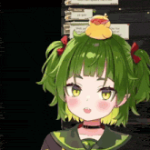 a girl with green hair and a duck on her head